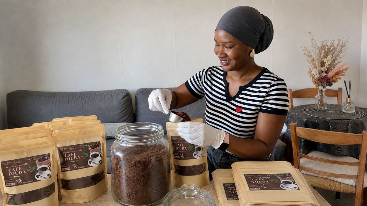Amyna prépare les sachets de Café Touba à la main